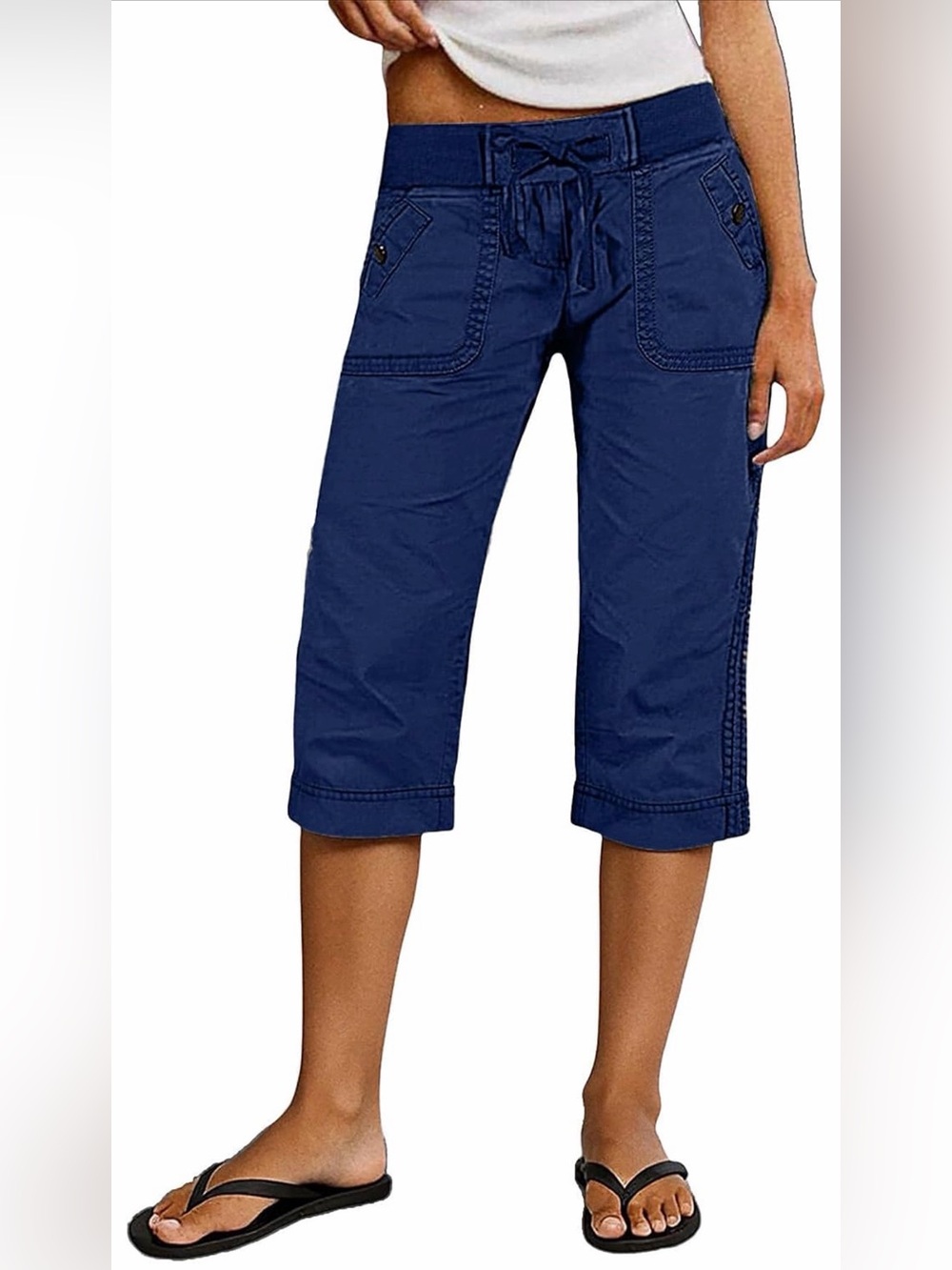 Flamingals Drawstring Button Decor Mid Waist Straight Leg Capri Pants